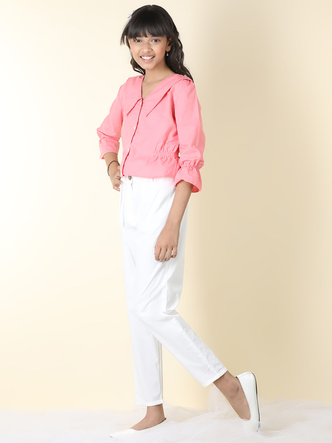 Cutiekins Girls Shirt Style Solid Top With Solid Trouser -Peach & White