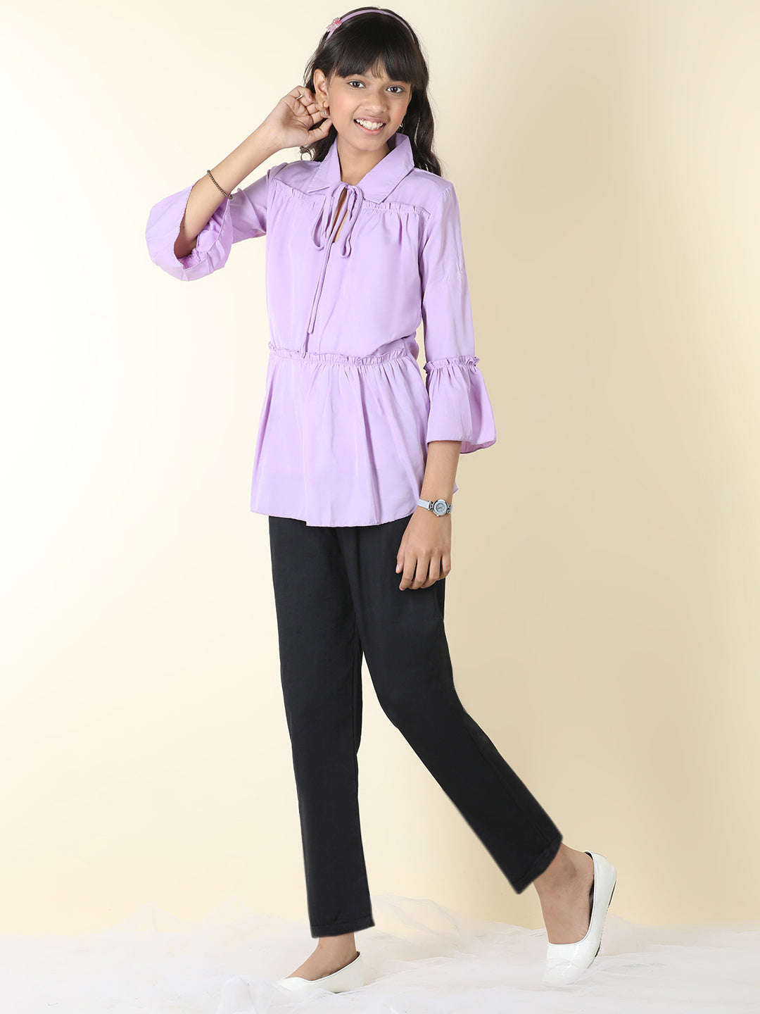 Cutiekins Girls Tie-Up Solid Top With Solid Trouser -Lavender & Black