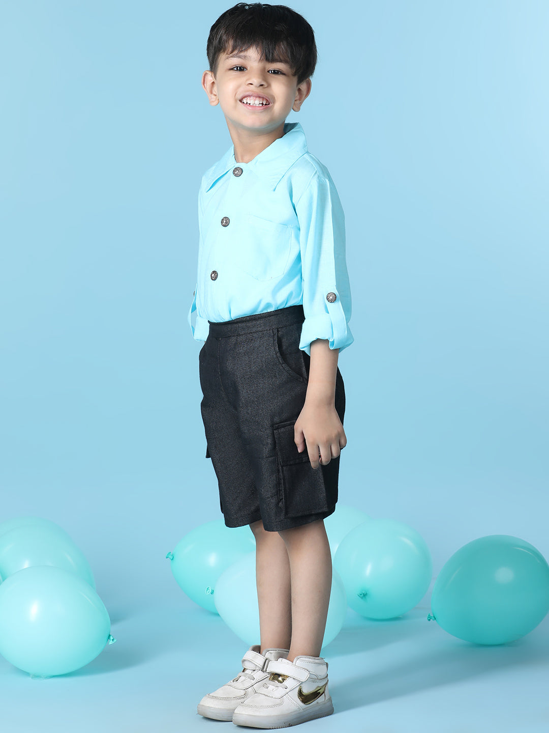 Cutiekins Boys Solid Shirt With Solid Denim Cargo Short -Sky Blue & Black