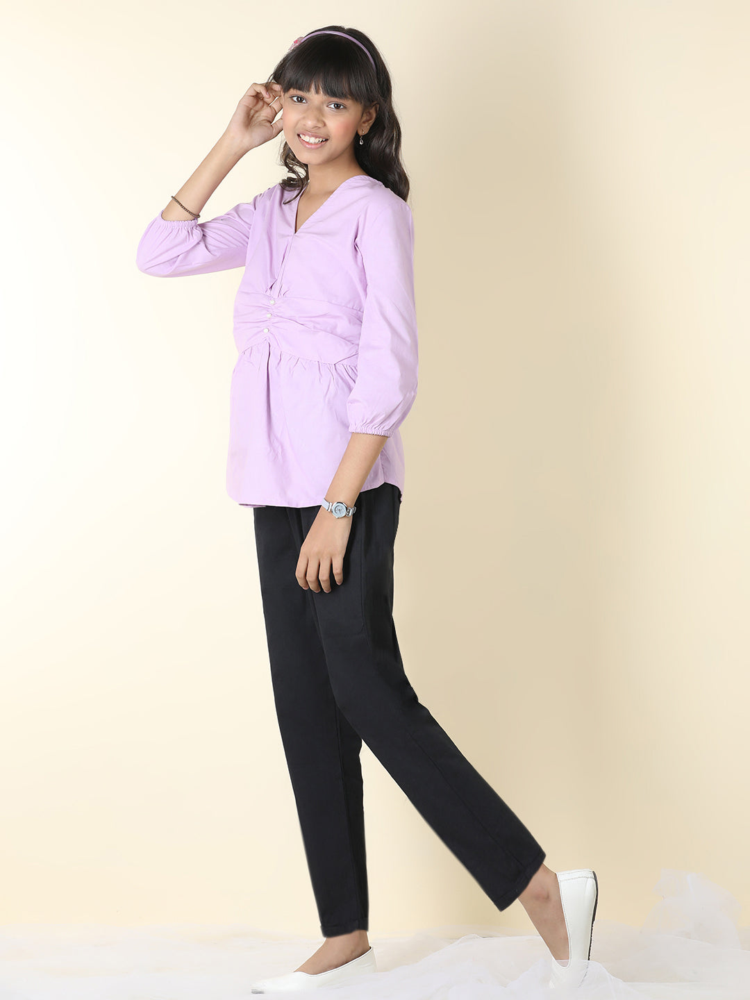 Cutiekins Girls Solid Embellished Top With Solid Trouser -Mauve & Black