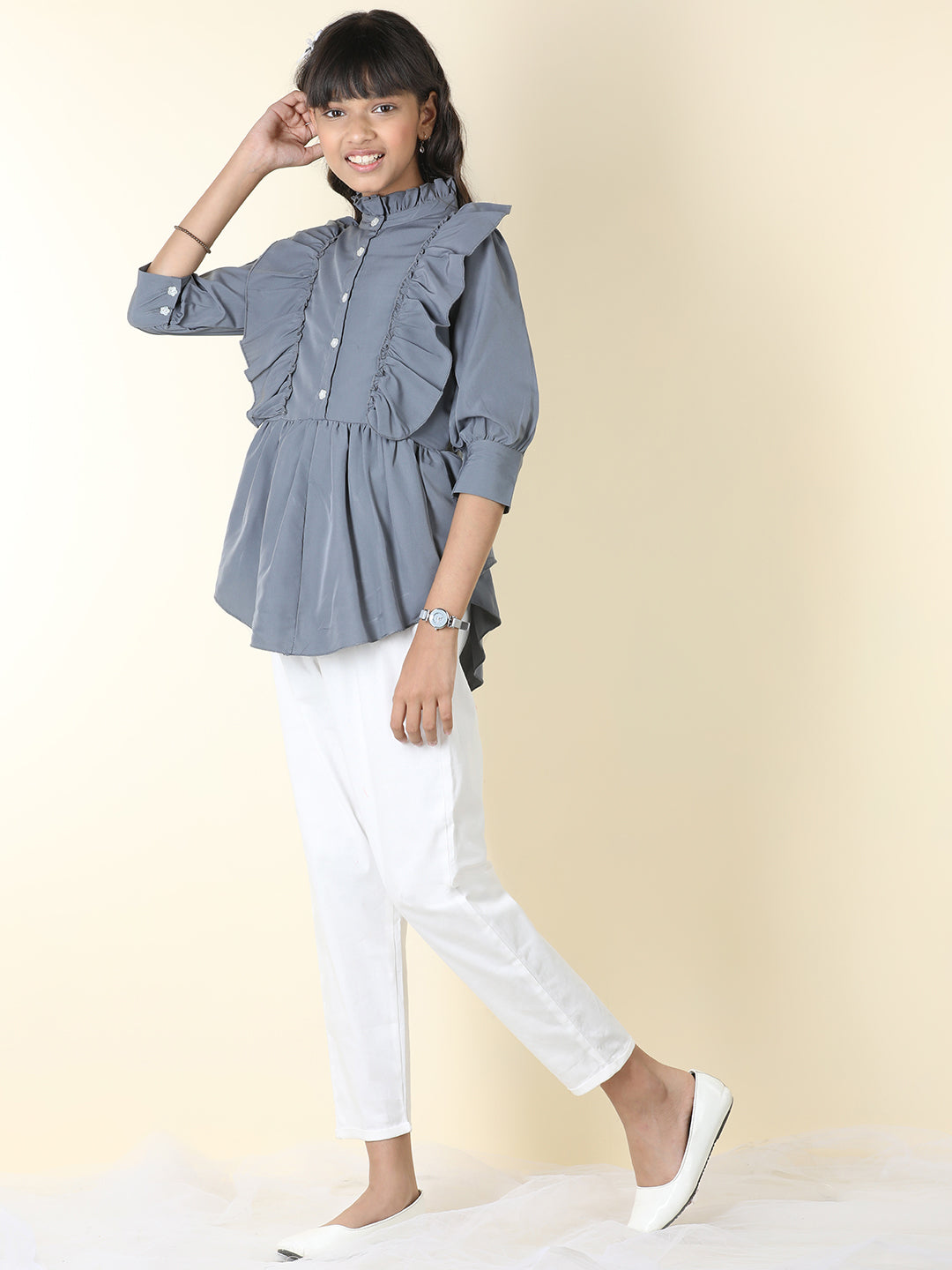 Cutiekins Girls Shirt Style Solid Top With Solid Trouser -Grey & White