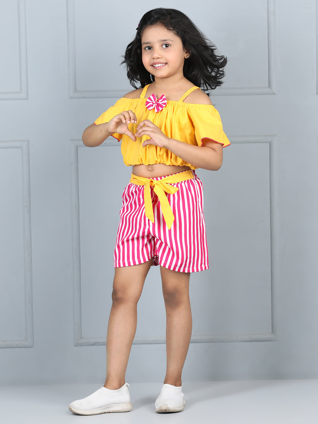 Cutiekins Girls Solid Embellished Top With Striped Shorts -Yellow & Pink