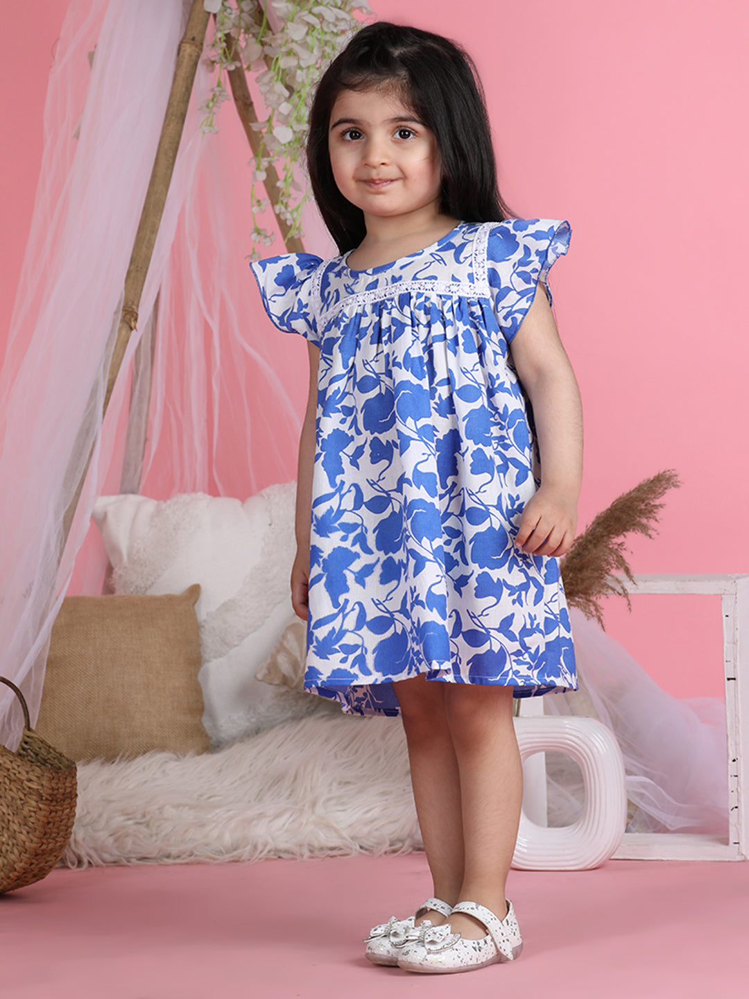 Cutiekins Round Neck Printed Flared Dress-Royal Blue & White