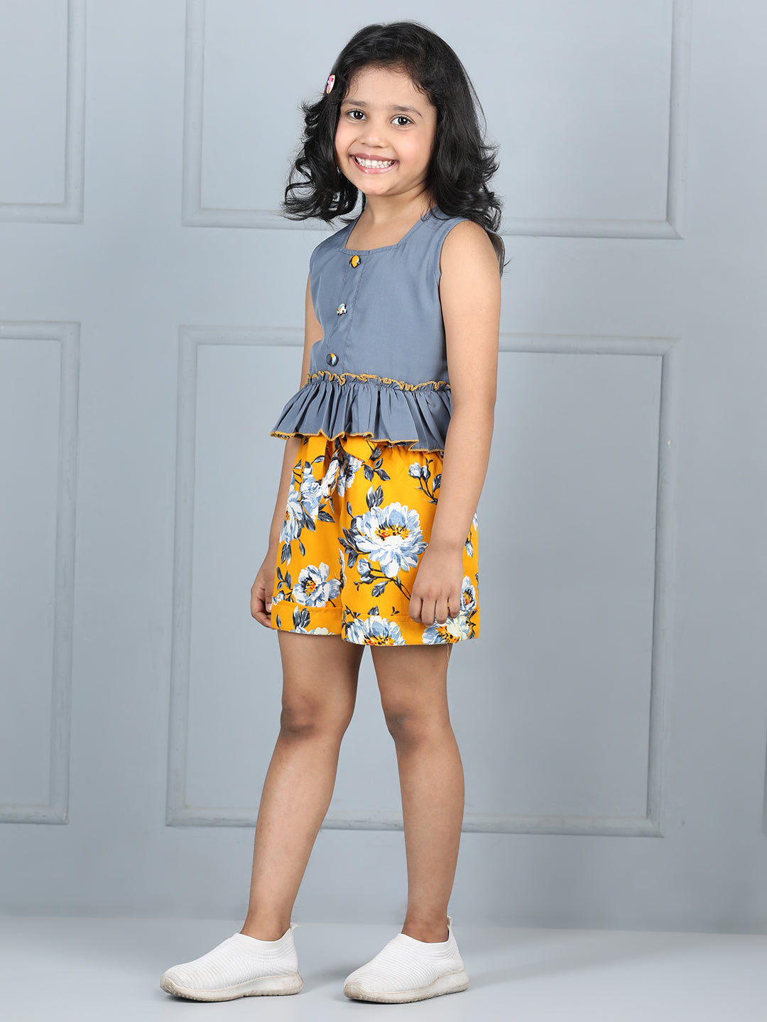 Cutiekins Girls Solid Embellished Top With Printed Shorts -Grey & Yellow