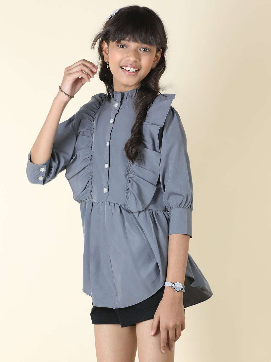 Cutiekins Girls Shirt Style Solid Embellished Top -Grey