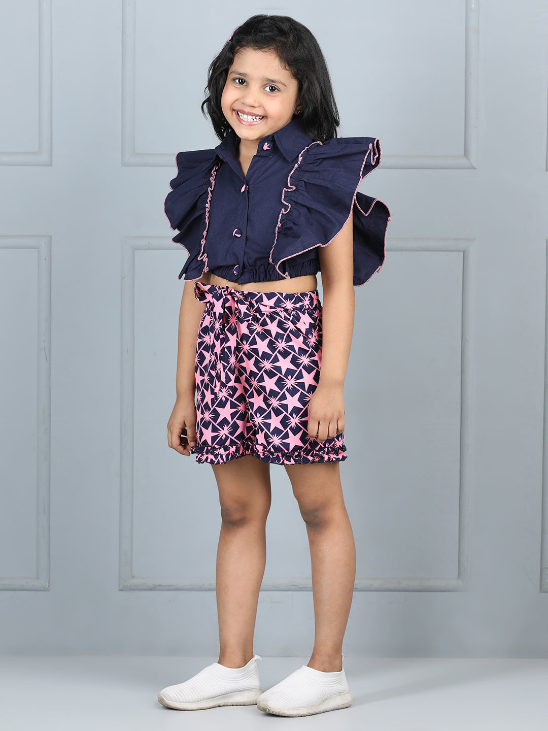 Cutiekins Girls Shirt Style Solid Embellished Top With Printed Shorts -Navy Blue & Pink