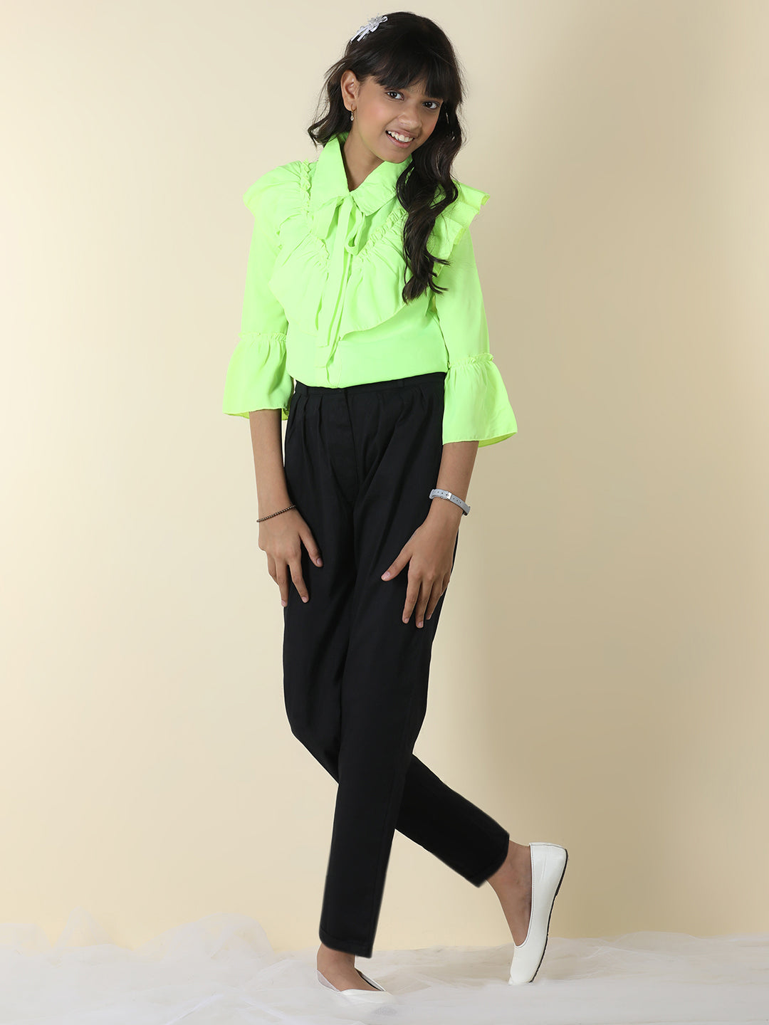 Cutiekins Girls Shirt Style Solid Top With Solid Trouser -Fluorescent Green & Black