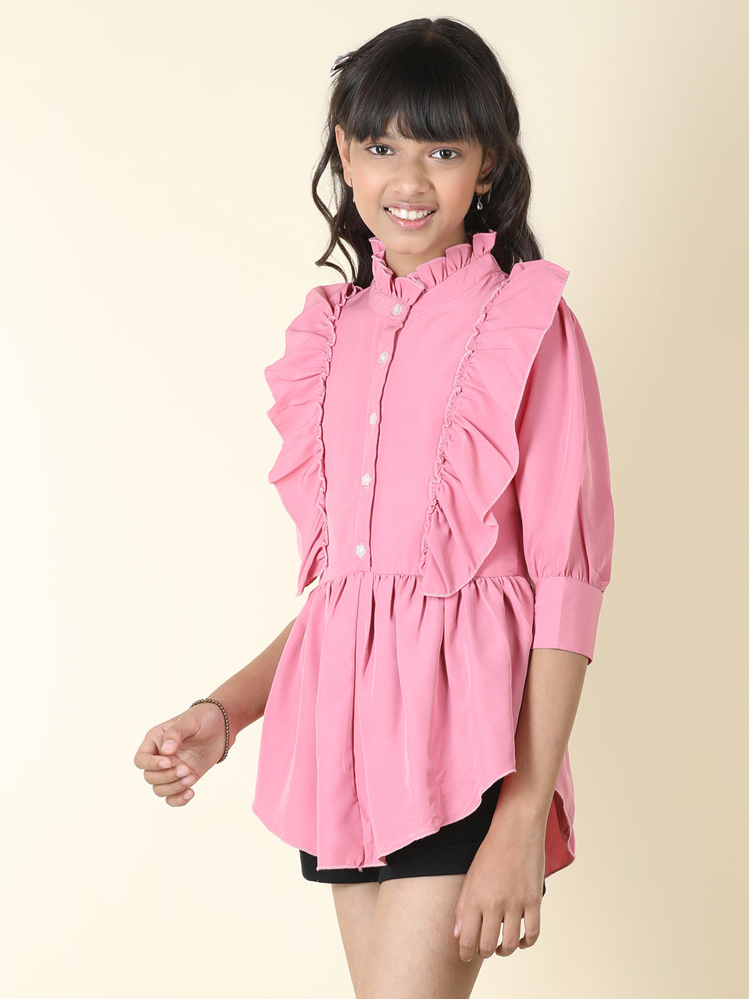 Cutiekins Girls Shirt Style Solid Embellished Top -Rose Pink