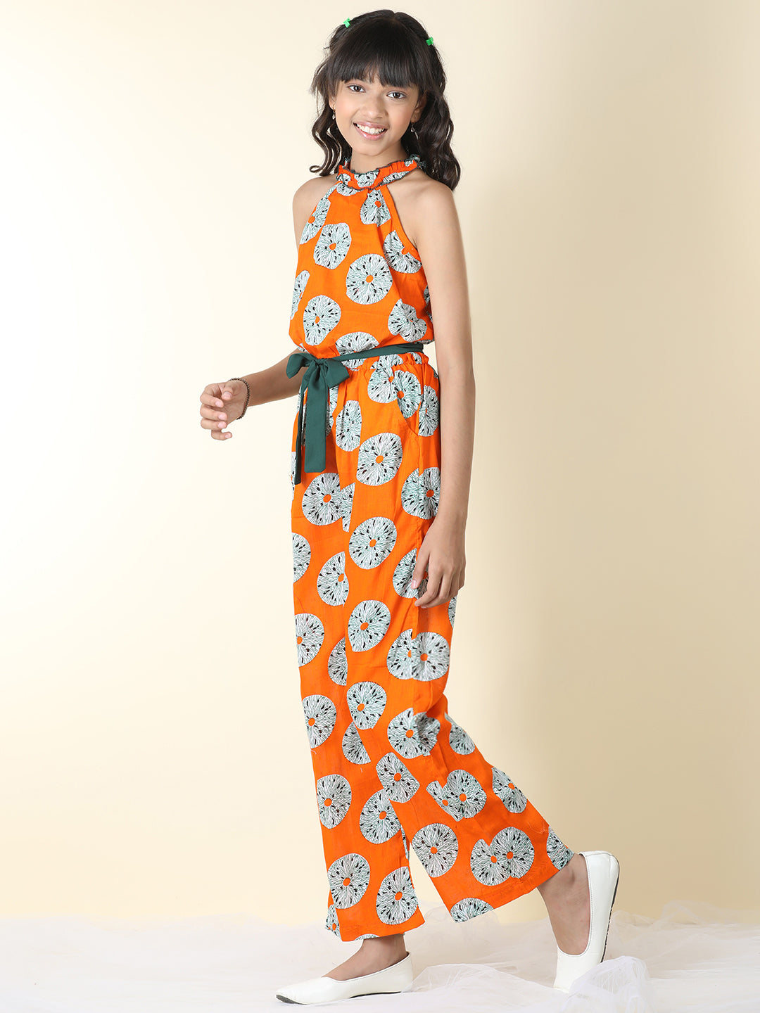 Cutiekins Girls Halter Neck Floral Print Jumpsuit -Orange & Off White