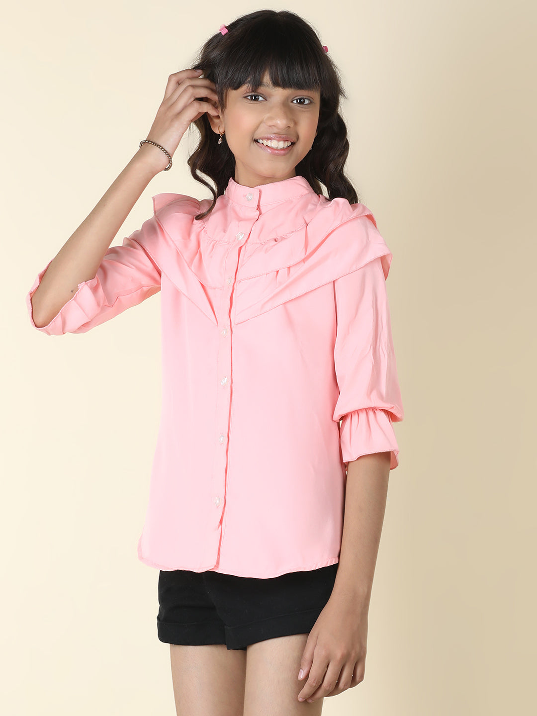 Cutiekins Girls Shirt Style Solid Embellished Top -Peach