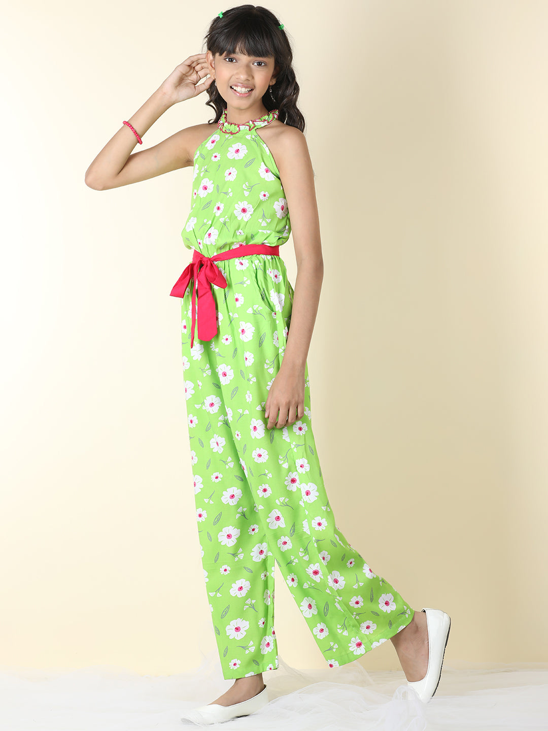 Cutiekins Girls Halter Neck Floral Print Jumpsuit -Green & Off White