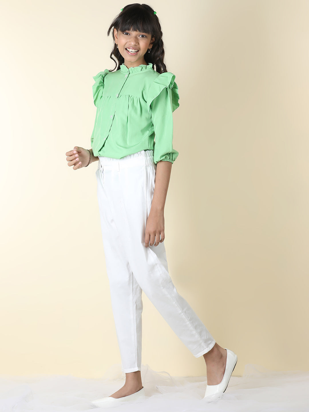 Cutiekins Girls Shirt Style Solid Top With Solid Trouser -Green & White