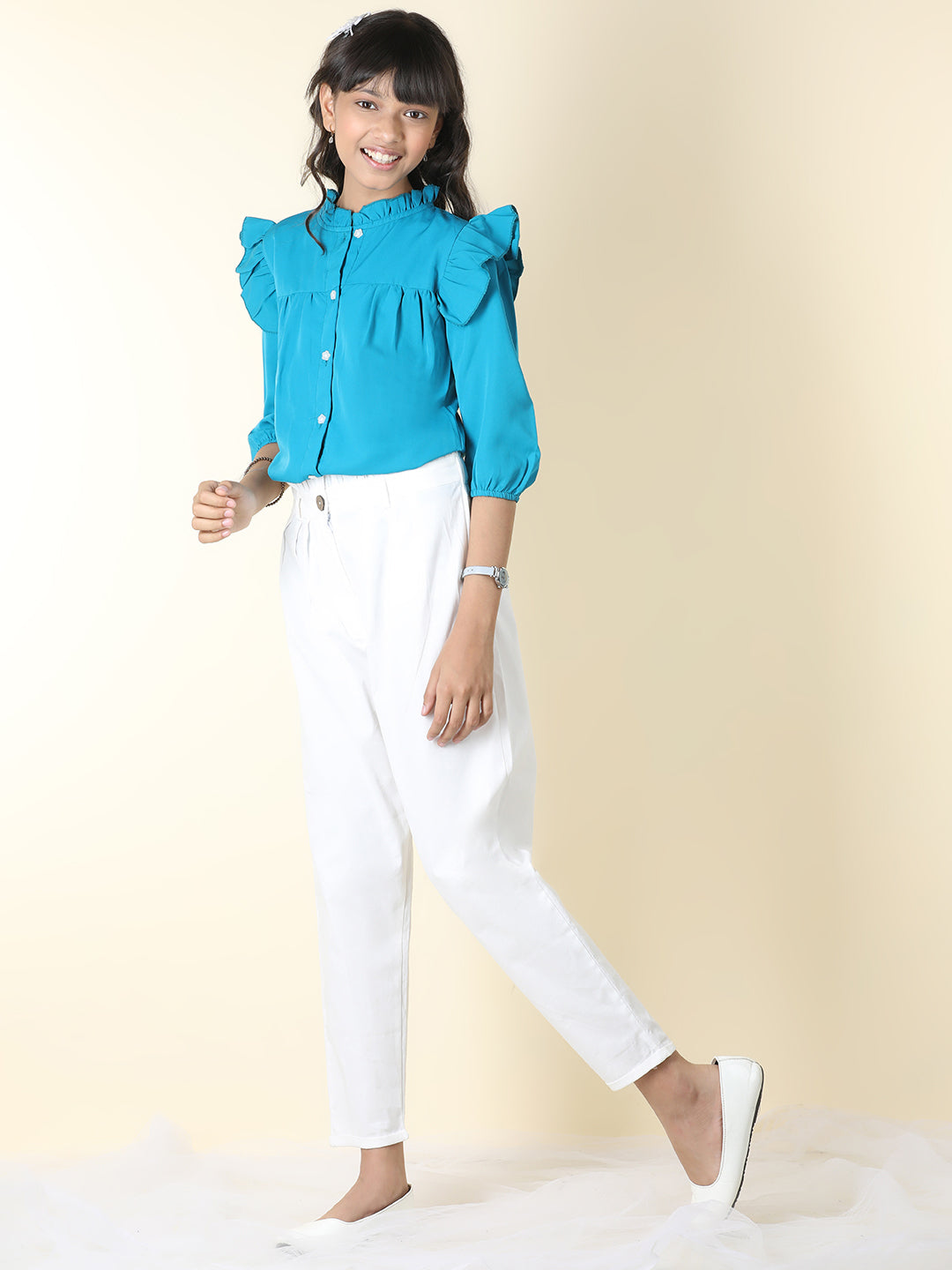 Cutiekins Girls Shirt Style Solid Top With Solid Trouser -Teal & White