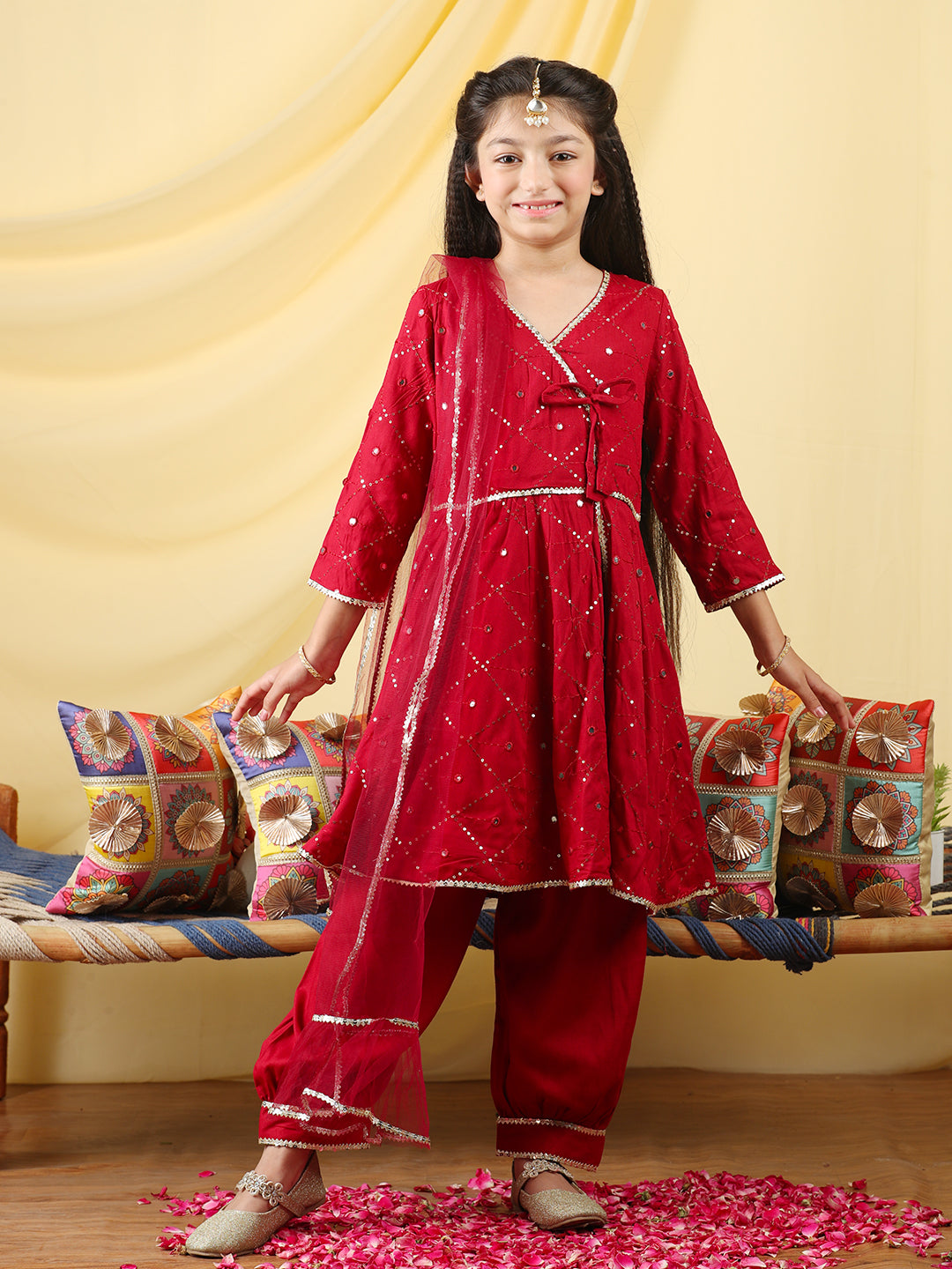 Cutiekins Girls Embroidered Angrakha Kurta & Salwar with Dupatta -Maroon & Gold