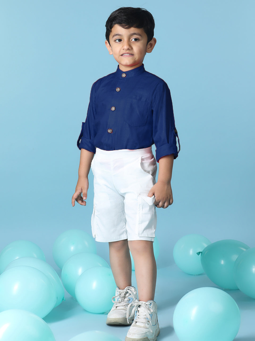 Cutiekins Boys Solid Rayon Shirt with Solid Lycra Cargo Shorts -Teal Blue & White