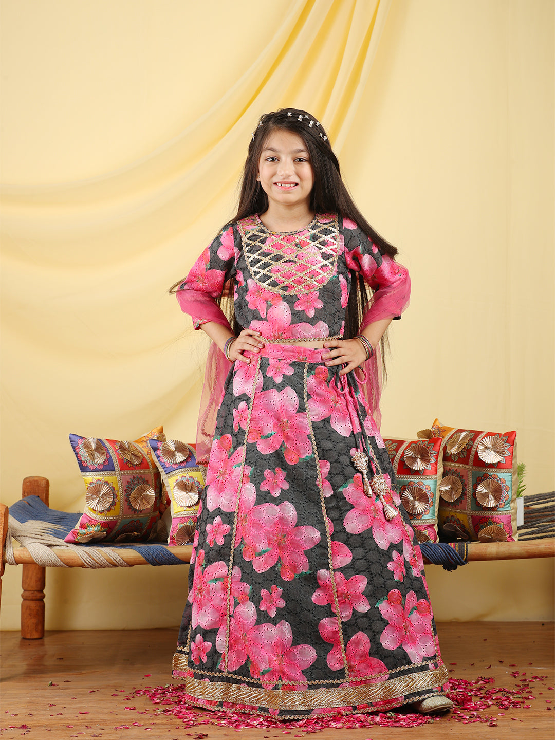 Cutiekins Girls Embroidered Floral Print Lehenga & Choli with Dupatta -Black & Pink