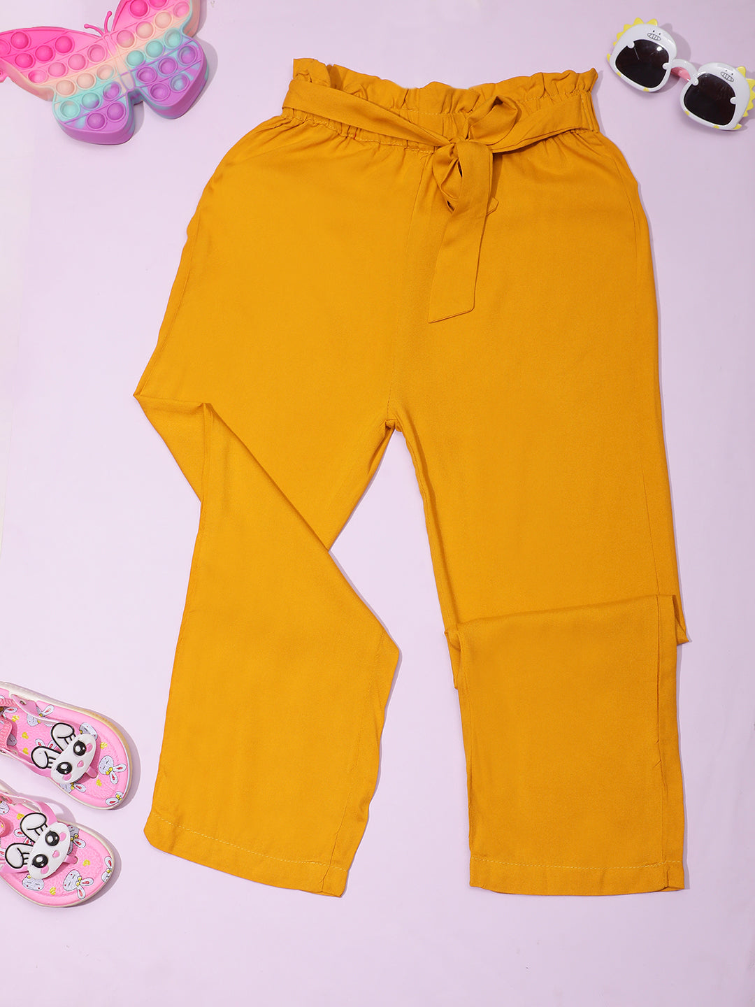 Cutiekins Girls Casual Solid Palazzo with Belt -Mustard