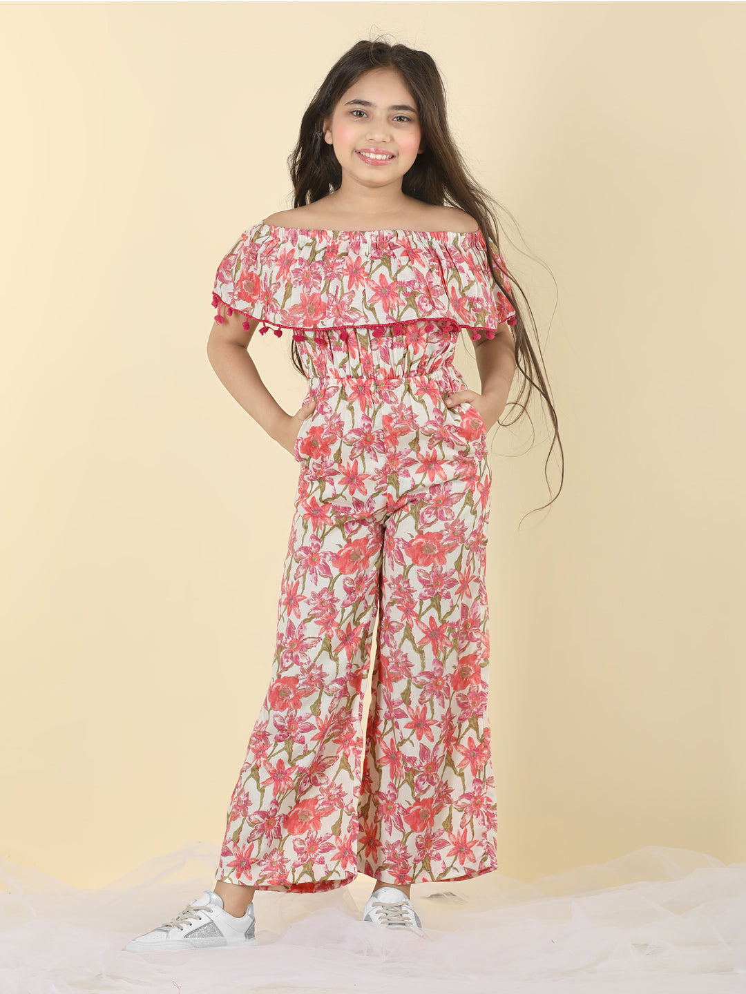 Cutiekins Girls Off Shoulder Floral Print Jumpsuit -Off White & Pink