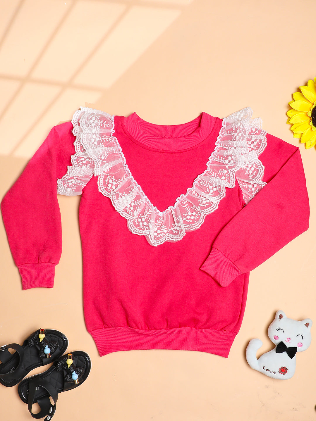 Cutiekins Girls Solid Embellished Trendy Winter Sweatshirt -Coral Pink & Off White