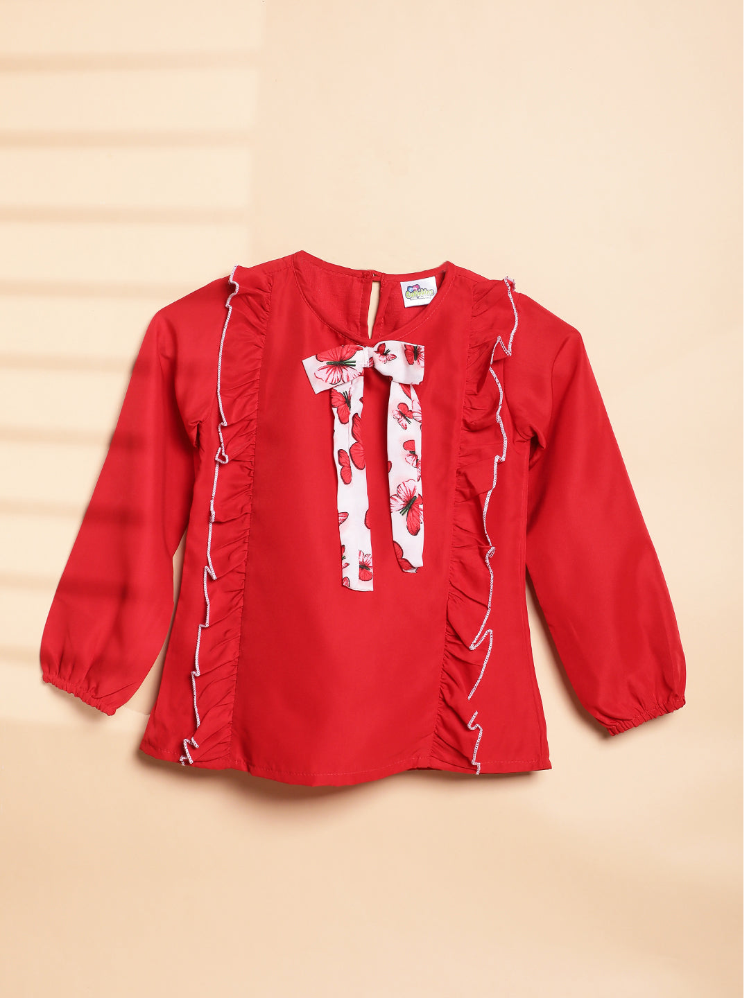 Cutiekins Girls Solid Embellished Bow Top -Red & Off White