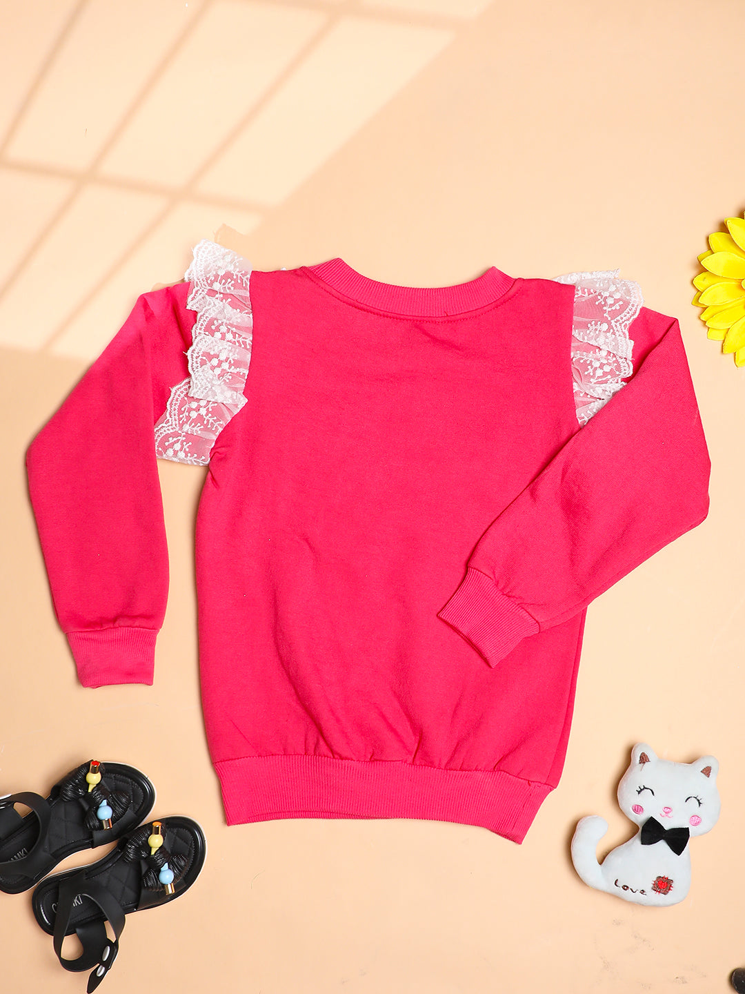 Cutiekins Girls Solid Embellished Trendy Winter Sweatshirt -Coral Pink & Off White