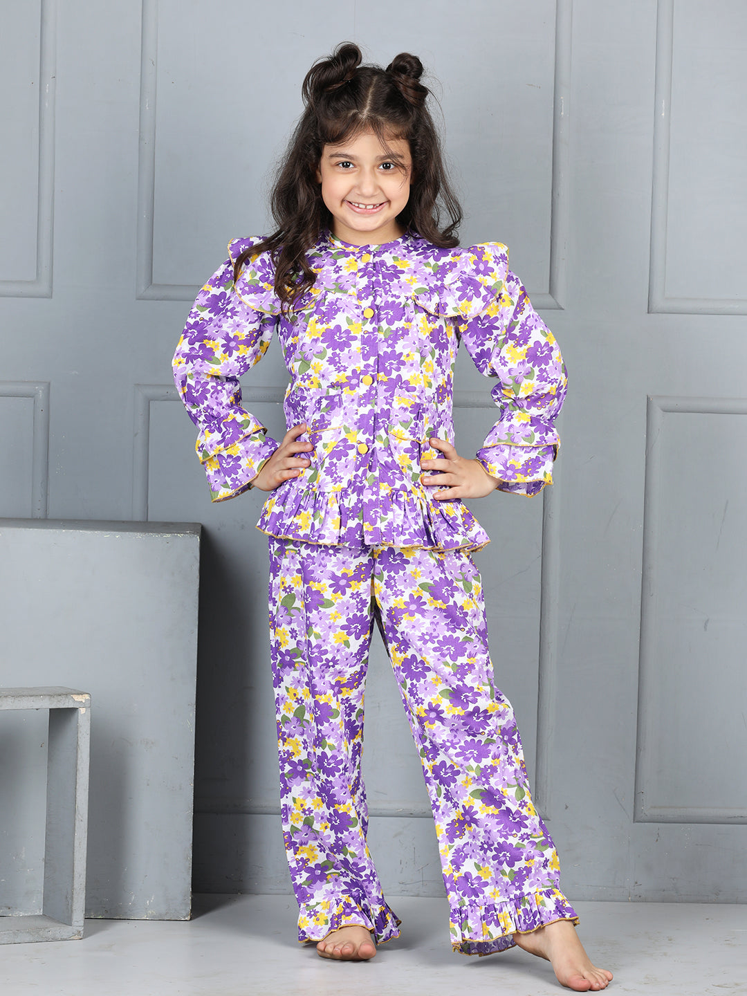 Cutiekins Girls Shirt Style Floral Printed Top With Printed Palazzo Nightsuit -Purple & Yellow