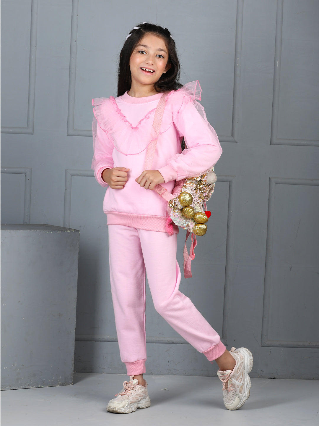 Cutiekins Girls Solid Embellished Cozy Fleece Tracksuit -Light Pink