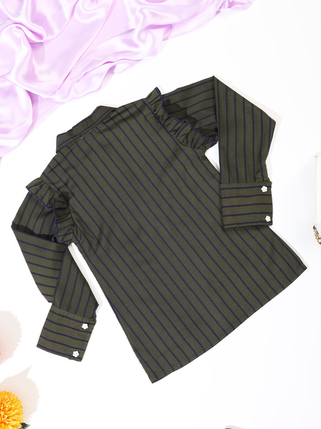 Cutiekins Girls Shirt Style Striped Top -Rifle Green & Navy Blue