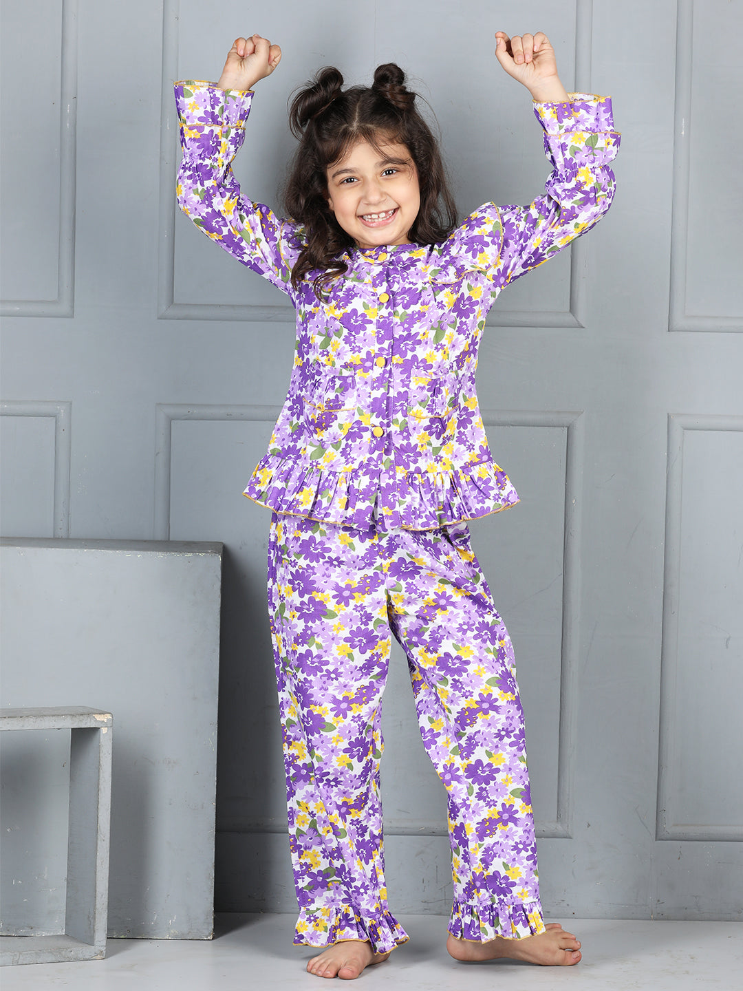 Cutiekins Girls Shirt Style Floral Printed Top With Printed Palazzo Nightsuit -Purple & Yellow