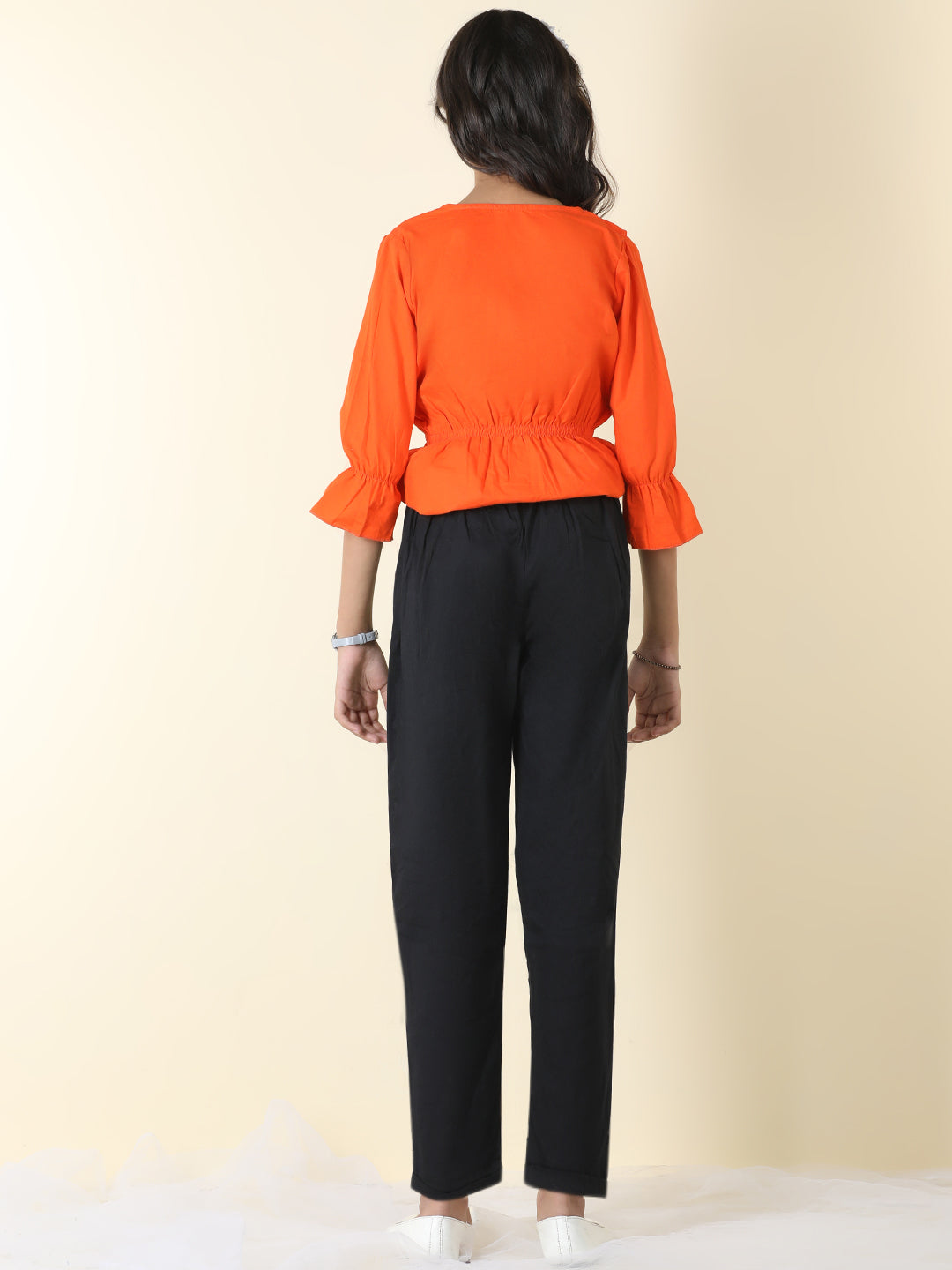 Cutiekins Girls Shirt Style Solid Top With Solid Trouser -Orange & Black