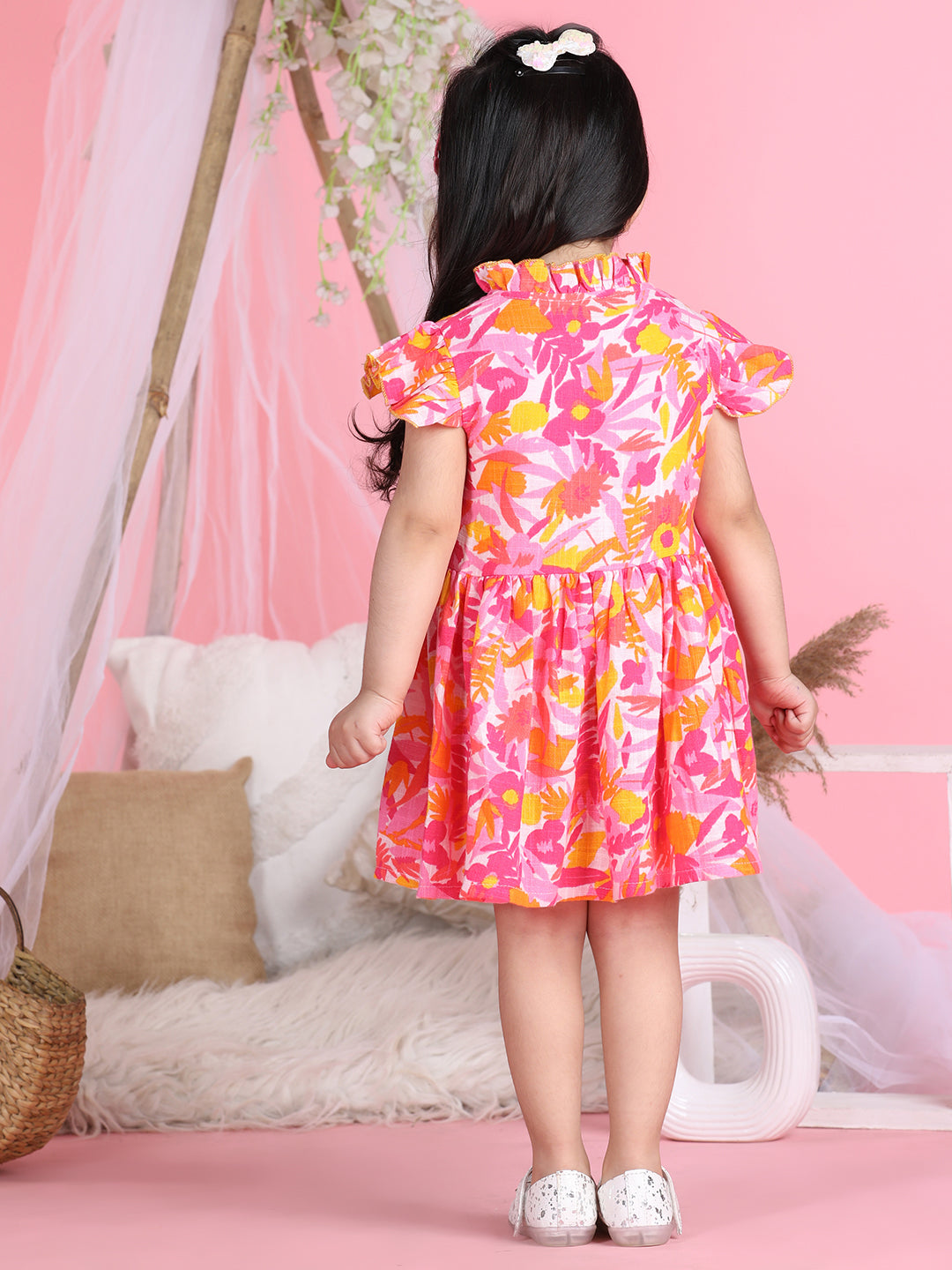 Cutiekins Mandarin Collar Printed Flared Dress-Pink & Yellow