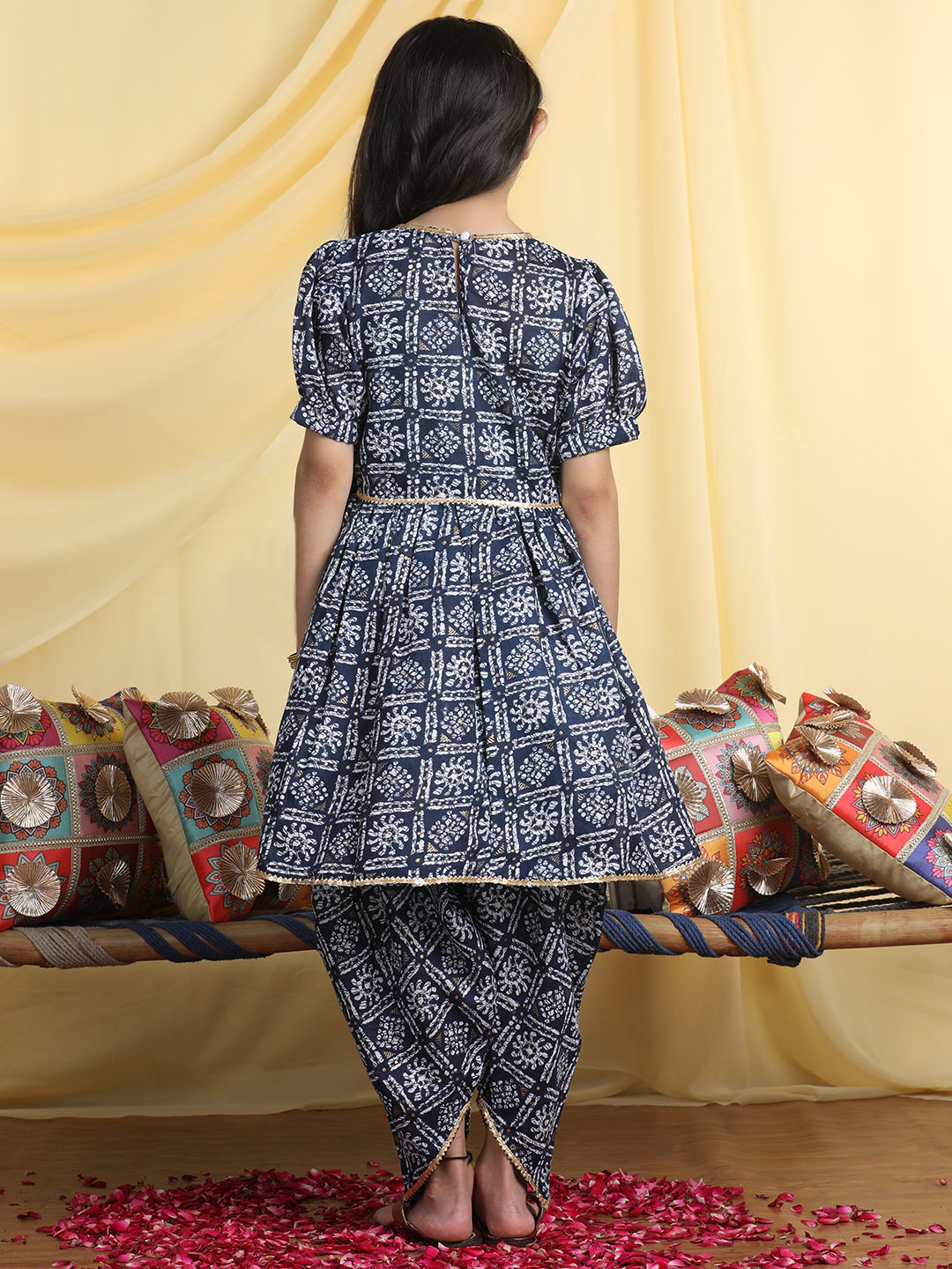 Cutiekins Girls Ethnic Motifs Printed Regular Gotta Patti Kurta with Dhoti Pant -Navy Blue & Off White