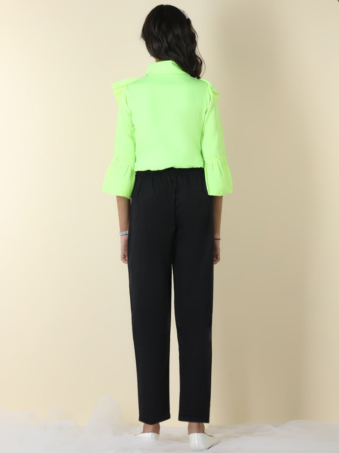 Cutiekins Girls Shirt Style Solid Top With Solid Trouser -Fluorescent Green & Black