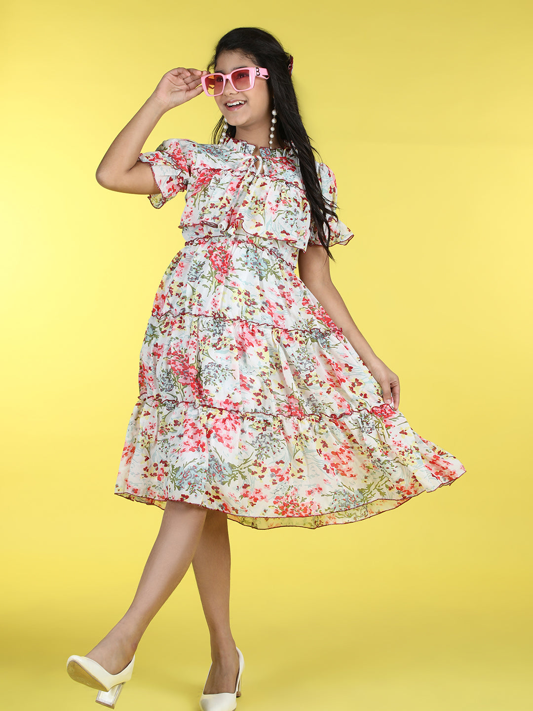 Cutiekins Mandarin Collar Printed Flared Dress-Off White & Pink