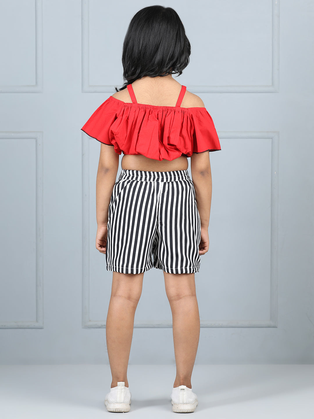 Cutiekins Girls Solid Embellished Top With Striped Shorts -Red & Black