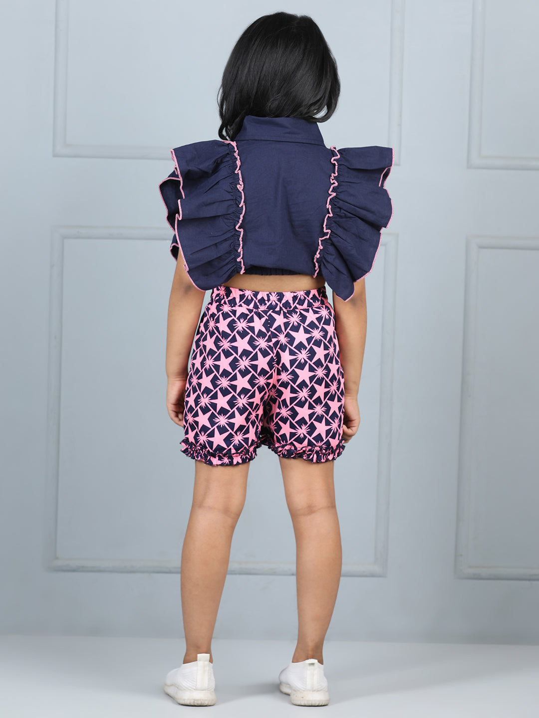 Cutiekins Girls Shirt Style Solid Embellished Top With Printed Shorts -Navy Blue & Pink