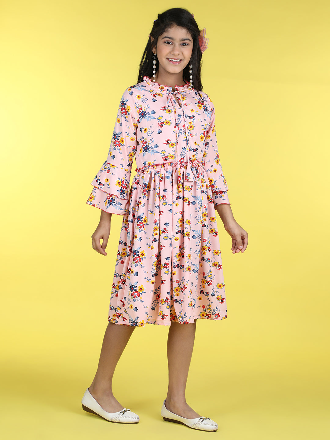 Cutiekins Mandarin Collar Printed Flared Dress-Peach & Grey