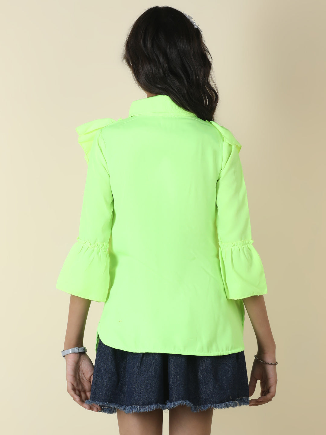 Cutiekins Girls Shirt Style Solid Embellished Top -Fluorescent Green