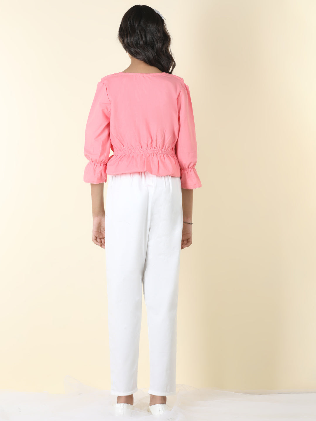 Cutiekins Girls Shirt Style Solid Top With Solid Trouser -Peach & White