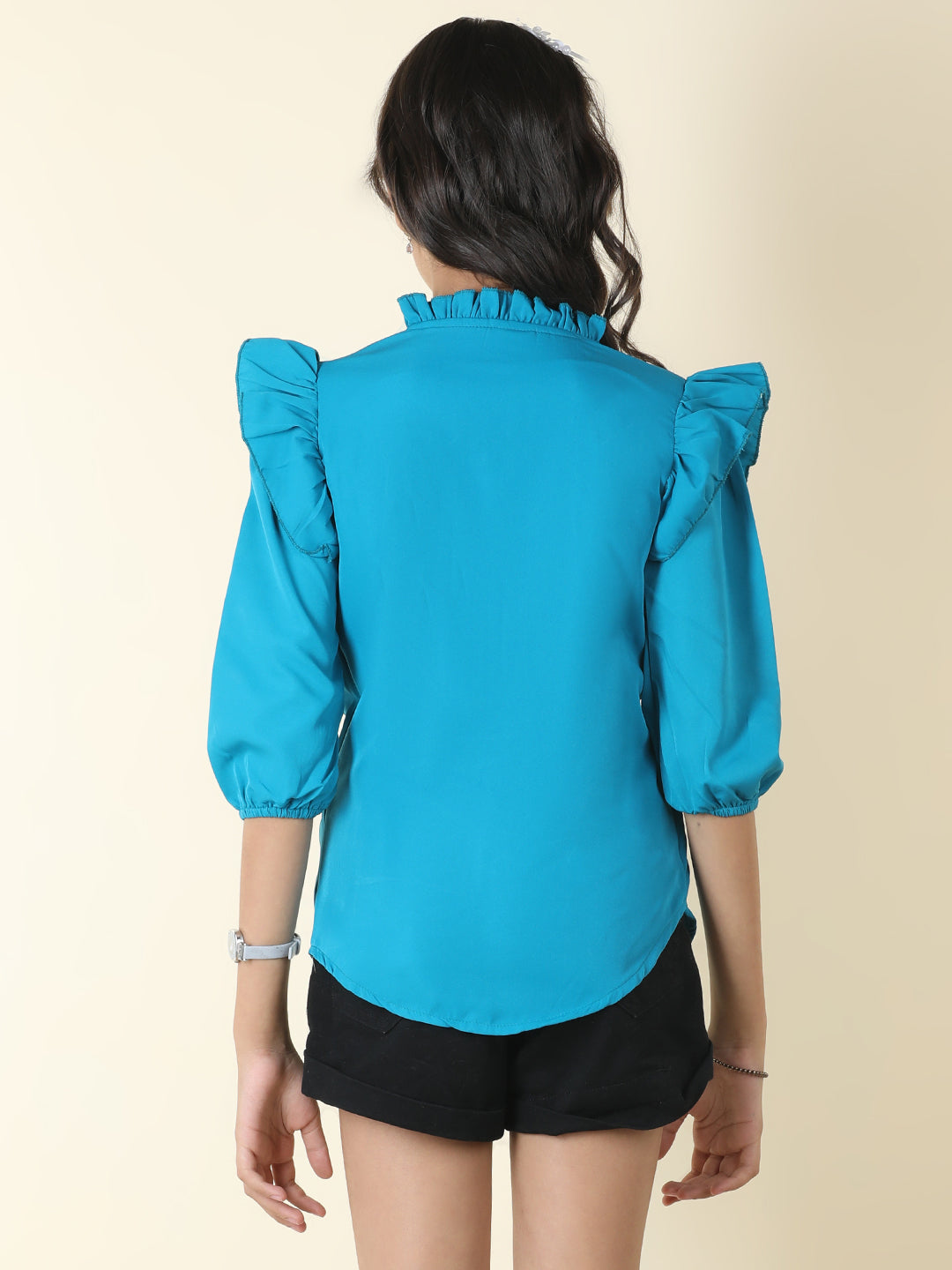 Cutiekins Girls Shirt Style Solid Embellished Top -Teal