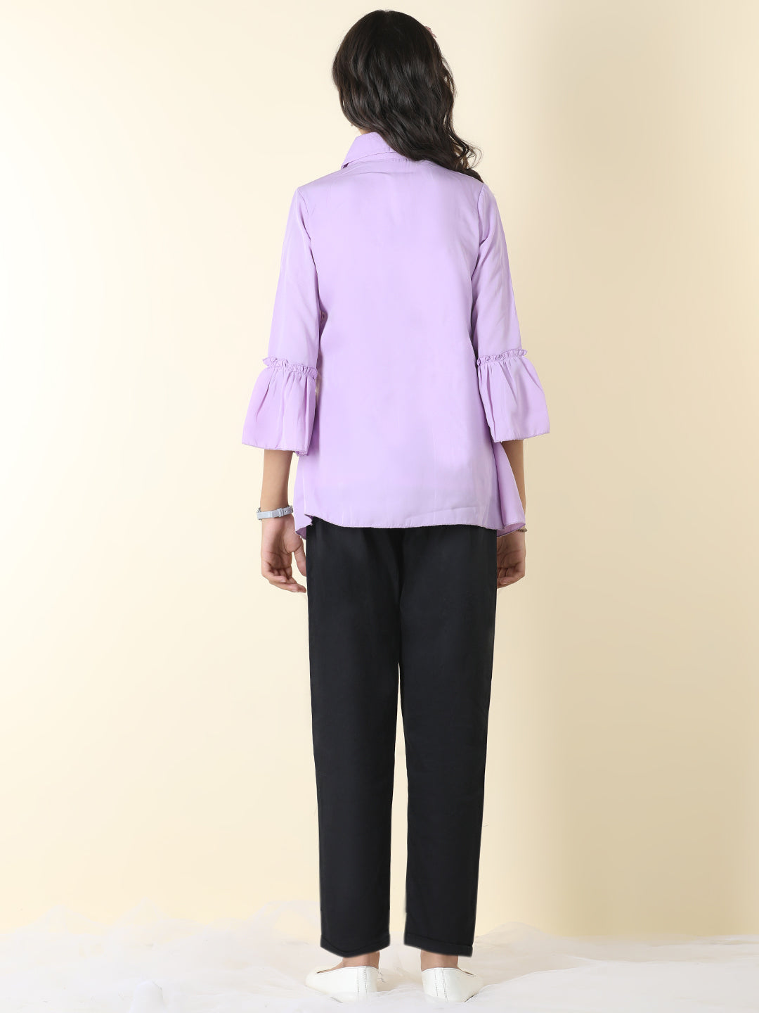 Cutiekins Girls Tie-Up Solid Top With Solid Trouser -Lavender & Black