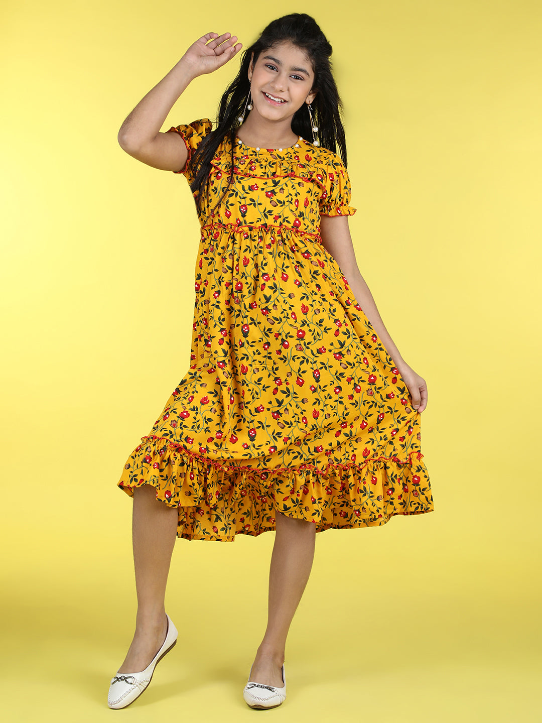 Cutiekins Round Neck Printed Flared Dress-Mustard & Red