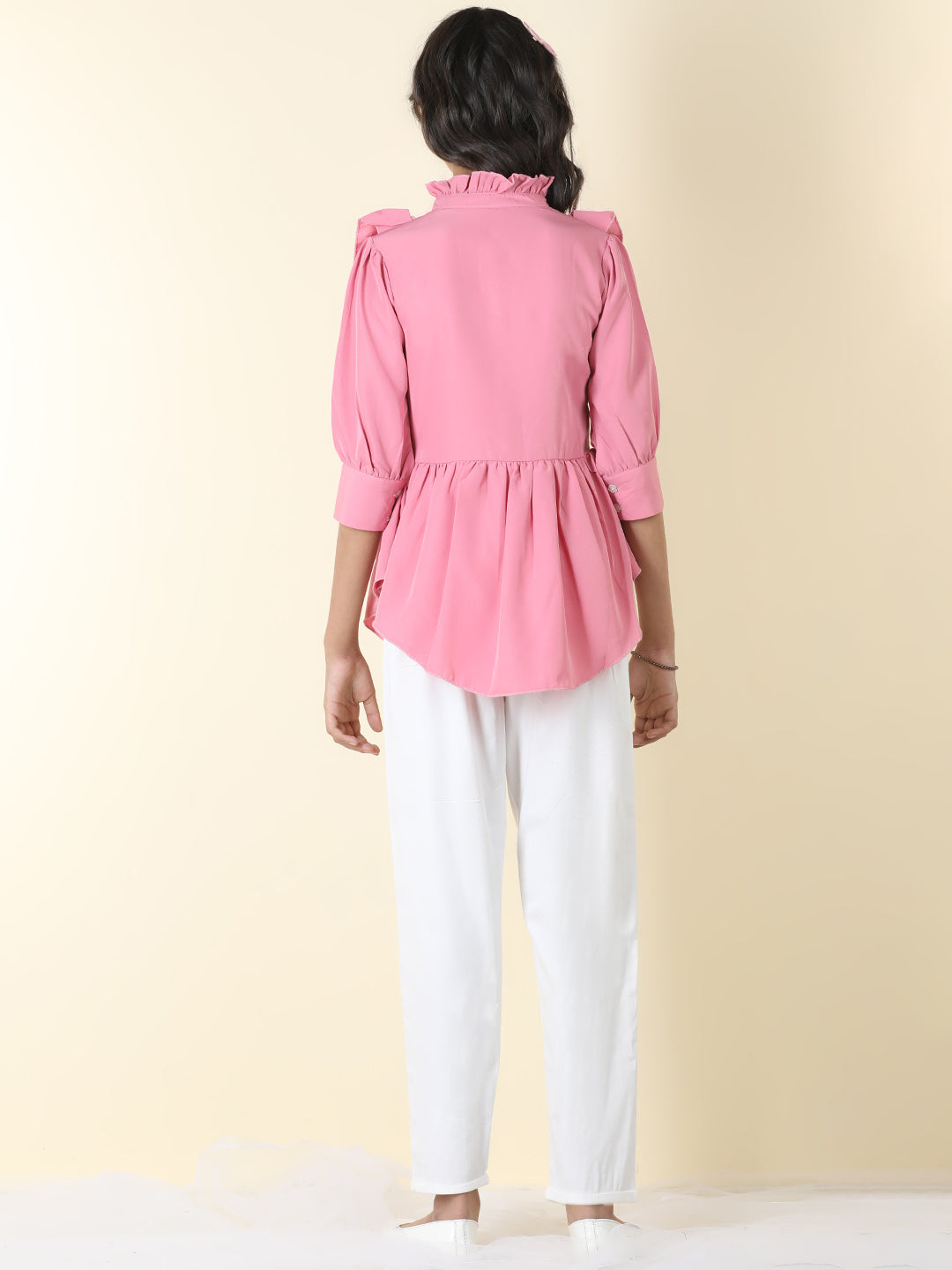 Cutiekins Girls Shirt Style Solid Top With Solid Trouser -Rose Pink & White