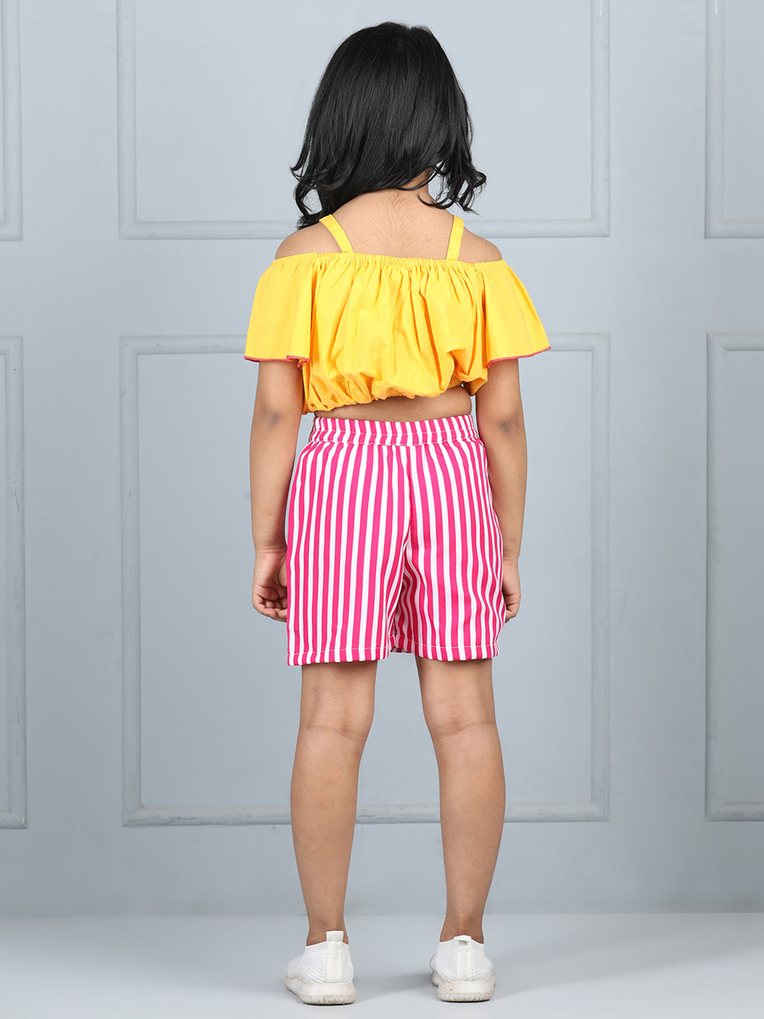 Cutiekins Girls Solid Embellished Top With Striped Shorts -Yellow & Pink