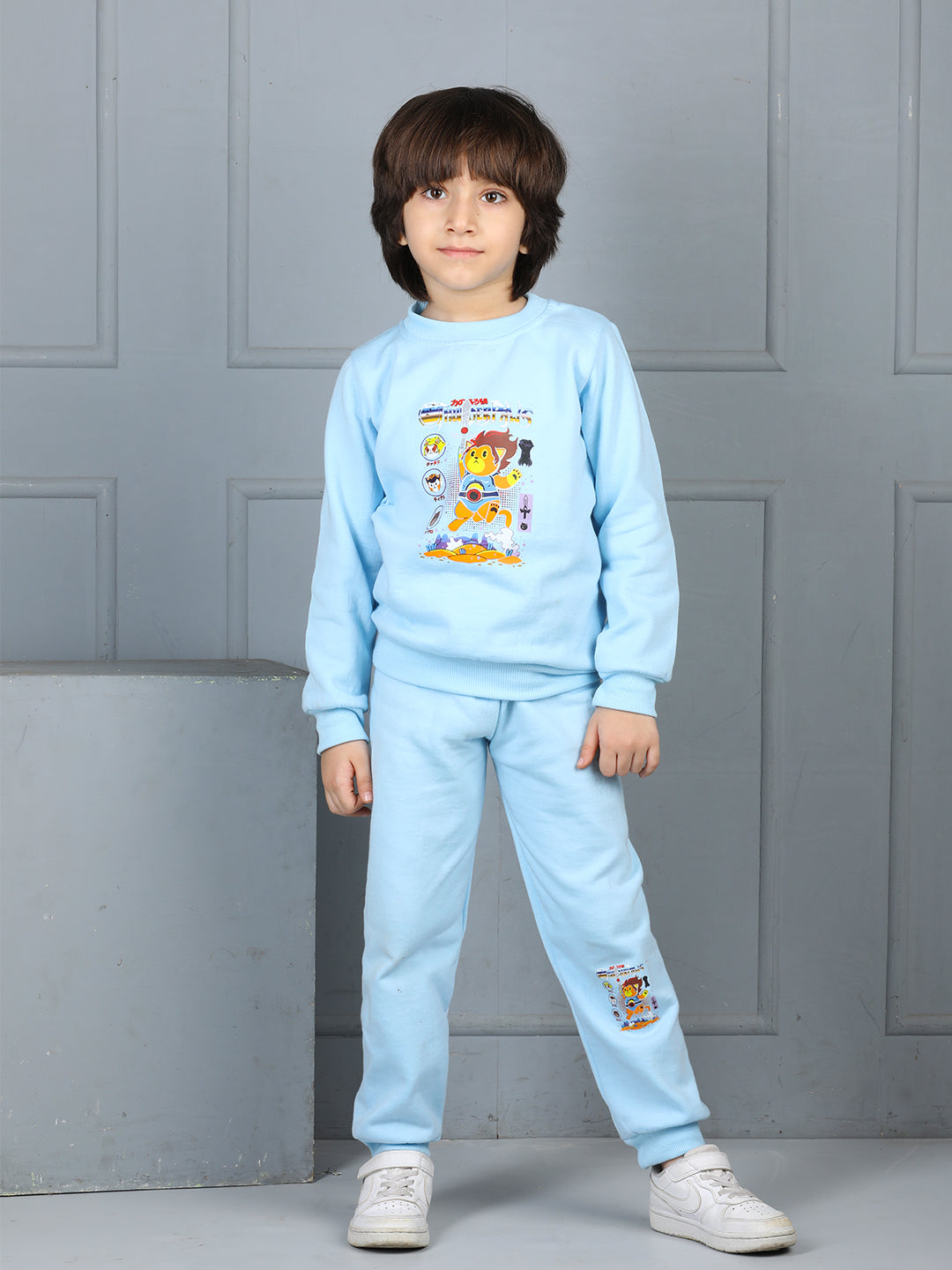 Cutiekins Boys Graphic Print cozy Tracksuit -Light Blue & Mustard