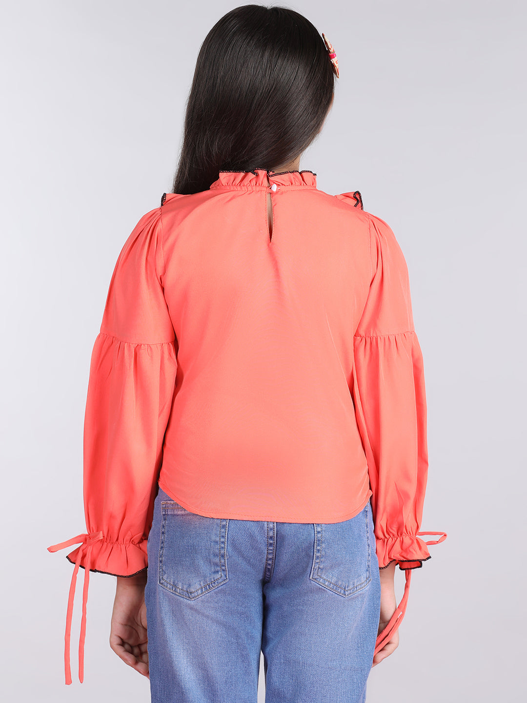 Cutiekins Solid Full Sleeves Polyester Tops-Orange & White