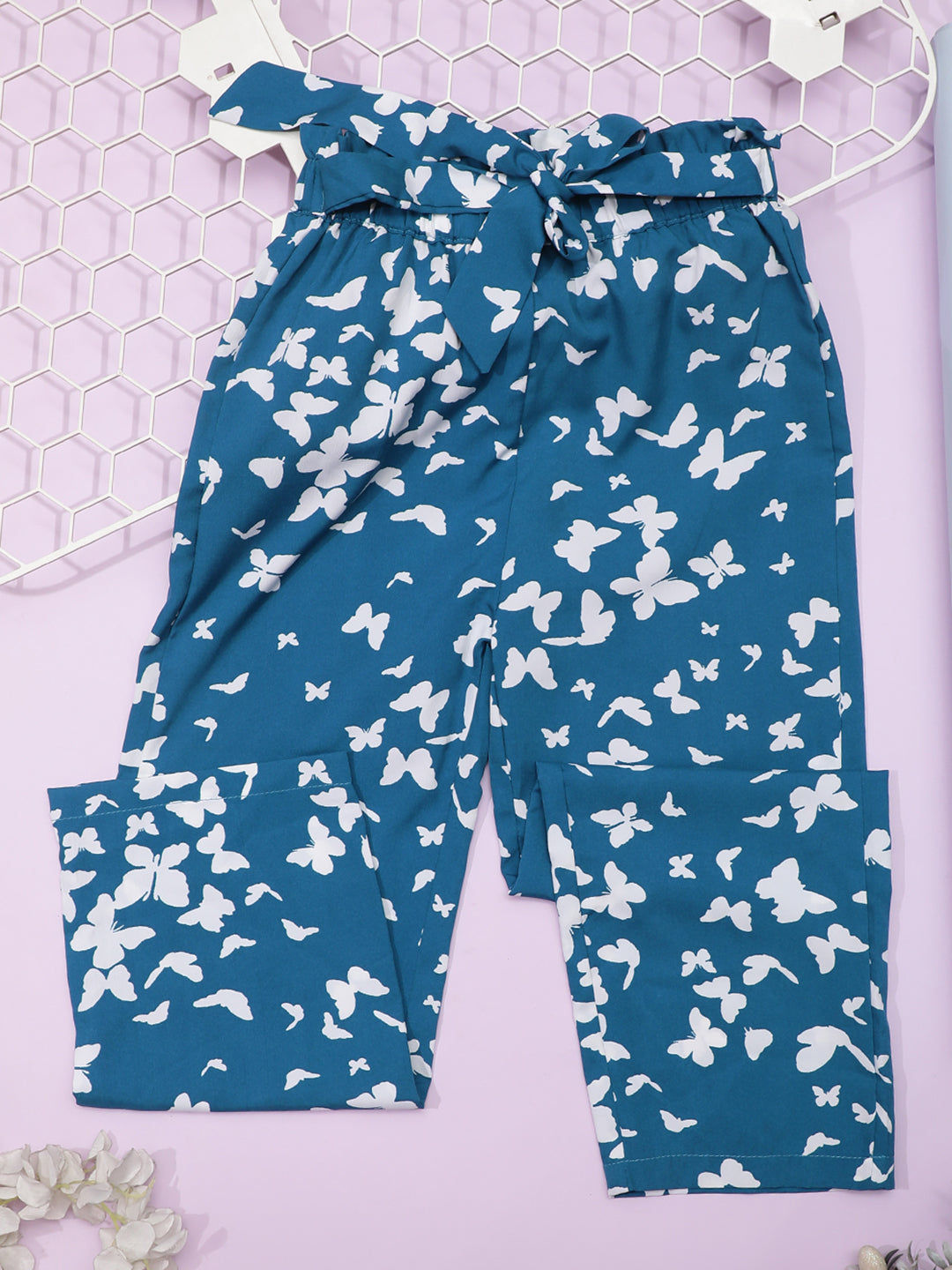 Cutiekins Girls Floral Print Palazzo with Blet -Teal blue & Off White