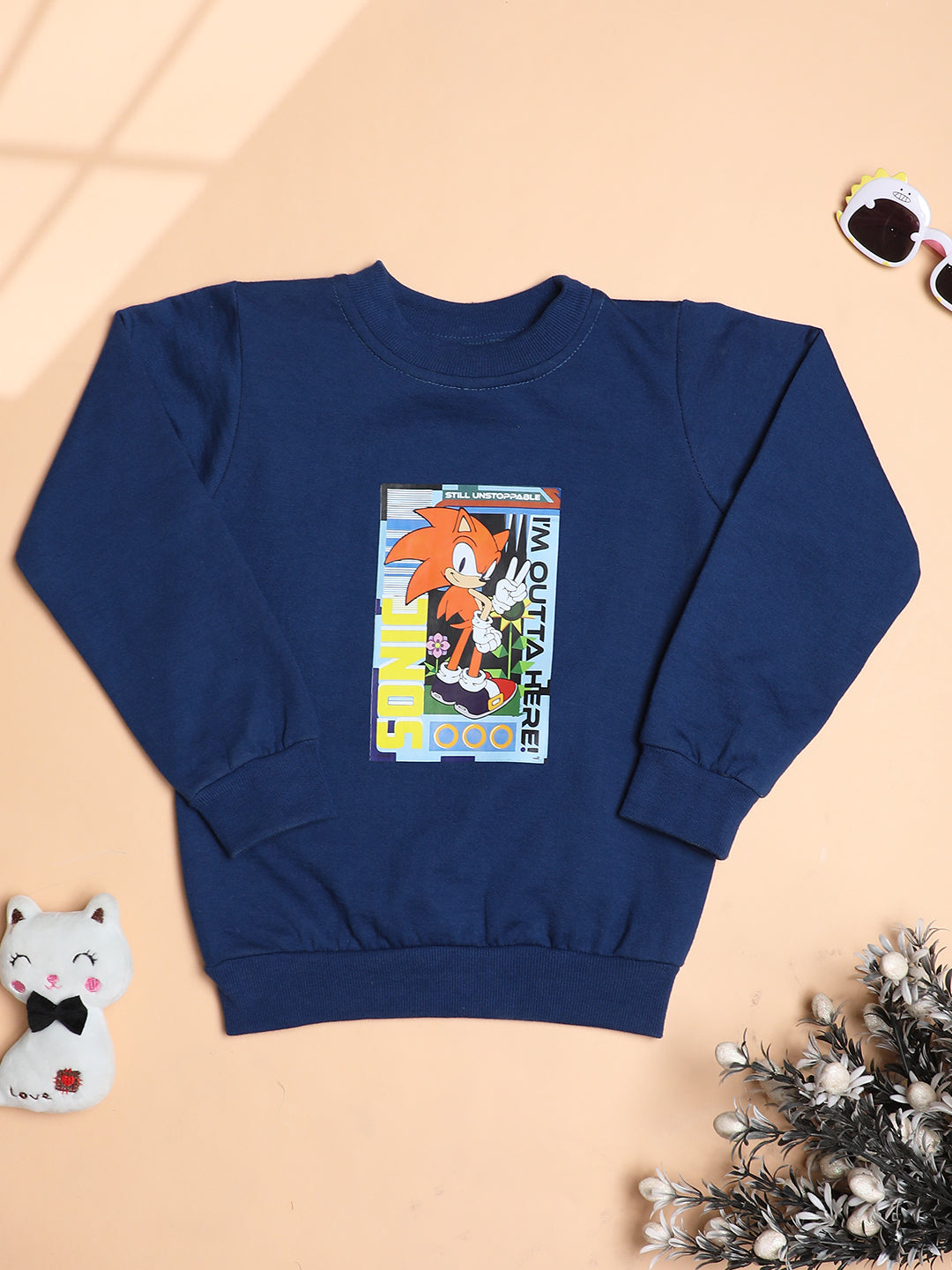 Cutiekins Boys Trendy Sonic Graphic Print Winter Sweatshirt -Navy Blue & Orange