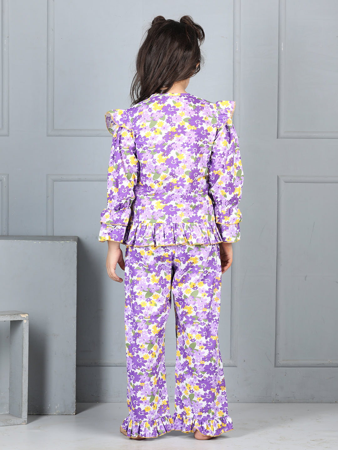 Cutiekins Girls Shirt Style Floral Printed Top With Printed Palazzo Nightsuit -Purple & Yellow