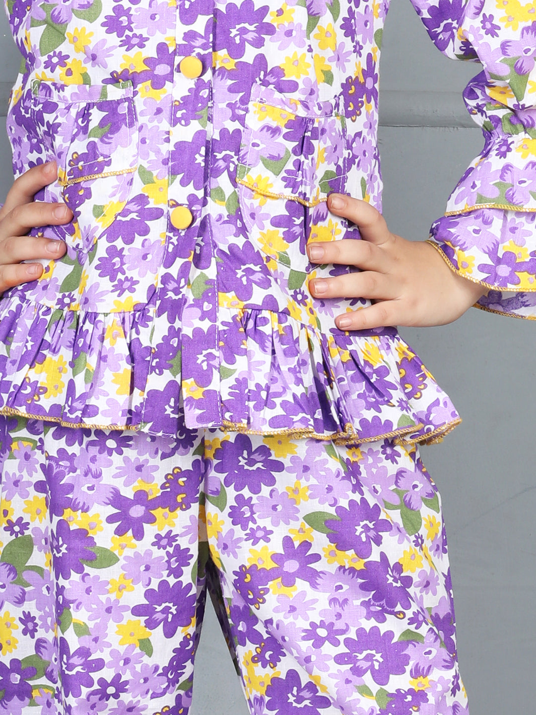 Cutiekins Girls Shirt Style Floral Printed Top With Printed Palazzo Nightsuit -Purple & Yellow